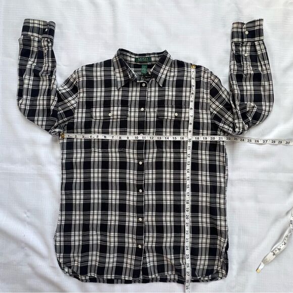Lauren Ralph Lauren Cotton Black White Plaid Western Button Blouse Flaw SZ L - Picture 5 of 14